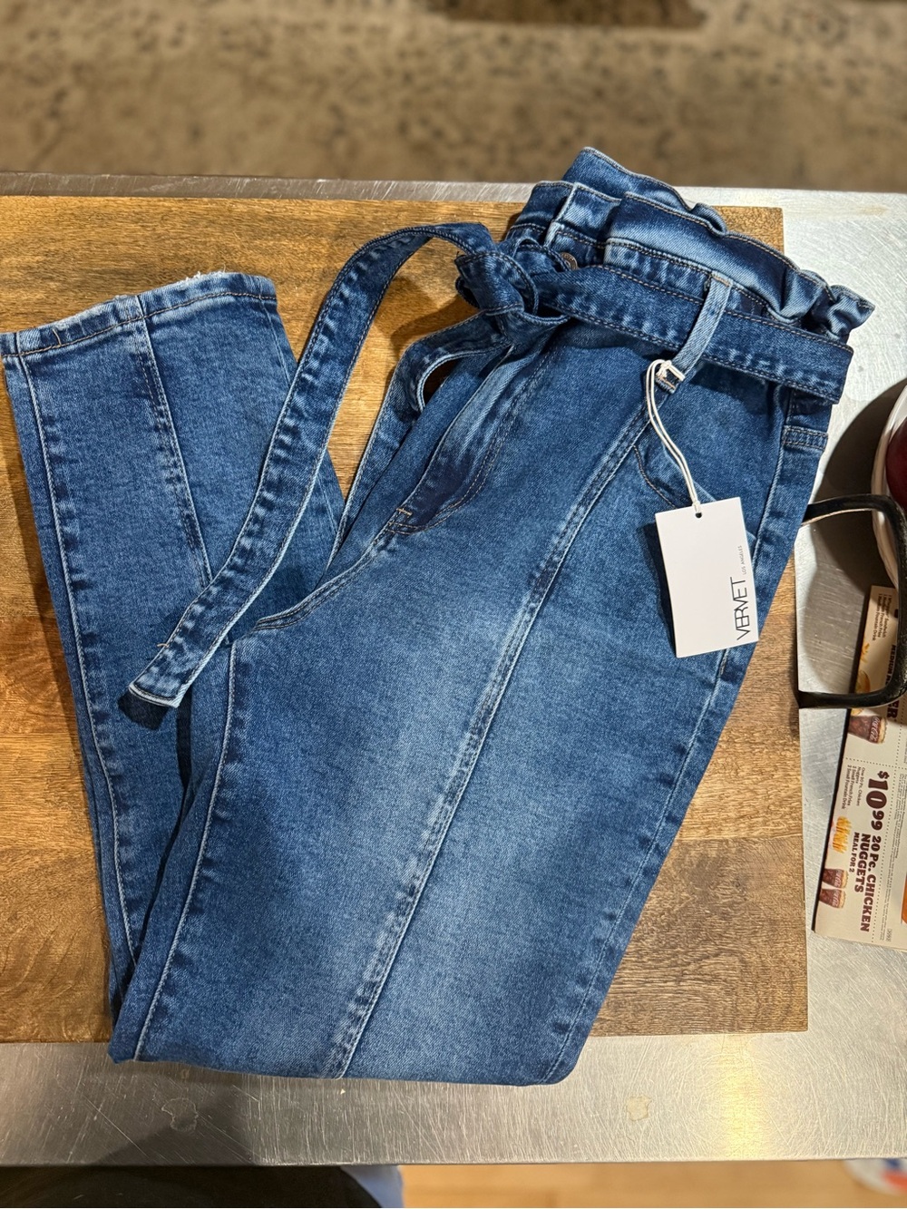 Vervet the Erika Stretch Belt Mom Straight Jeans in Dark Blue
